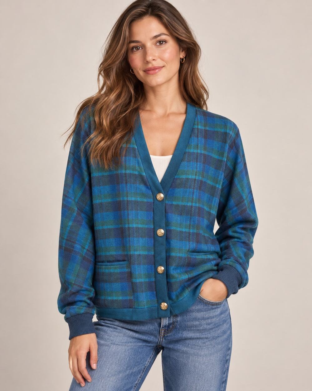 Pendleton 100% Virgin Wool Plaid Cardigan Jacket Medium Blue Green Crest Buttons